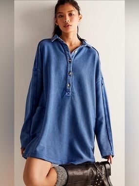 Free People Blue Long Sleeve Pullover Dress